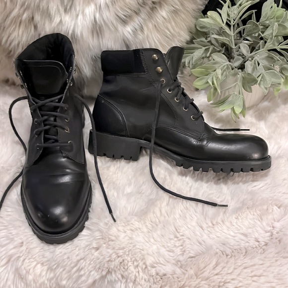 Enzo Angiolini Snowden Black Caprice Leather Lace Up Combat Moto Ankle Boots 6.5 - Picture 1 of 14